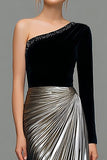 Sparkly Black and Grey Metallic One Shoulder Long Formal Dress