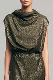 Sparkly Olive Cowl Neck Sheath Sequins Long Formal Dress