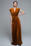 Caramel V Neck Velvet Sheath Long Formal Dress with Sleeves