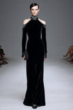 Sparkly Black Velvet High Neck Long Formal Dress with Sleeves