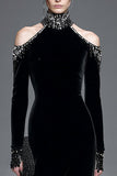 Sparkly Black Velvet High Neck Long Formal Dress with Sleeves