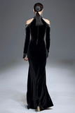 Sparkly Black Velvet High Neck Long Formal Dress with Sleeves