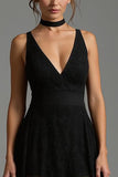 Black V Neck A Line Backless Long Formal Dress with Lace