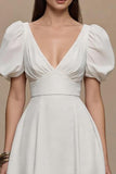 Ivory A Line V Neck Satin Long Formal Dress with Sleeves