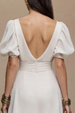 Ivory A Line V Neck Satin Long Formal Dress with Sleeves