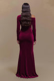 Burgundy Satin Long Sleeves Formal Dress with Slit