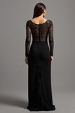 Black Sheath Satin Long Sleeves Formal Dress with Slit
