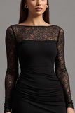 Black Sheath Satin Long Sleeves Formal Dress with Slit