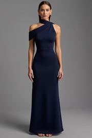 Navy Satin Sheath Asymmetrical Neck Long Formal Dress
