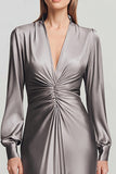 Grey Satin V Neck Long Formal Dress with Sleeves