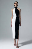 Black White High Neck Sheath Long Formal Dress with Slit