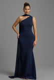 Navy Satin Mermaid Neck Scarf Long Formal Dress
