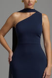 Navy Satin Mermaid Neck Scarf Long Formal Dress