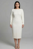 Ivory Sheath Bateau Neck Plus Size Midi Work Dress