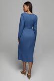 Dusty Blue Ruched Satin Sheath Midi Work Dress With Sleeves