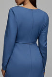 Dusty Blue Ruched Satin Sheath Midi Work Dress With Sleeves