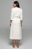 Ivory Satin Ruched V-Neck Pencil Midi Work Dress With Sleeves