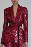 Sparkly Red 2 Pieces Sequins Lapel Women Formal Suits With Sash