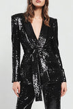 Sparkly Black 2 Pieces Shawl Lapel Women Formal Suits With Sash