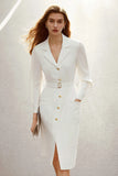 Ivory Sheath Notched Lapel Single-Breasted Work Dress With Belt