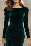 Dark Green Sheath Velvet Long Sleeve Midi Work Dress