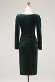 Dark Green Sheath Velvet Long Sleeve Ruched Work Dress