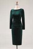 Dark Green Sheath Velvet Ruched Midi Work Dress with Long Sleeve