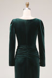 Dark Green Sheath Velvet Ruched Midi Work Dress with Long Sleeve