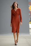 Red V-Neck Sheath Long Sleeve Midi Work Dress