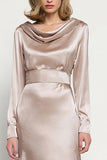 Champagne Cowl Neck Long Sleeve Satin Work Dress