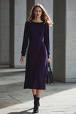 Purple Sheath Long Sleeve Midi Work Dress