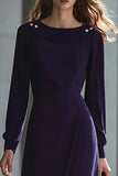 Purple Sheath Long Sleeve Midi Work Dress