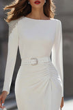 Ivory Sheath Ruched Long Sleeve Work Dress With Belt