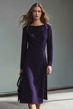 Purple Boat Neck Long Sleeve Work Dress