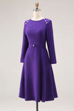 Purple A Line Boat Neck Long Sleeve Work Dress