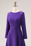 Purple A Line Boat Neck Long Sleeve Work Dress