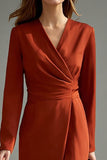 Red V-Neck Sheath Ruched Long Sleeve Work Dress