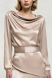 Champagne Cowl Neck Long Sleeve Satin Work Dress