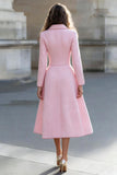 Pink Single-breasted A Line Long Sleeve Work Dress