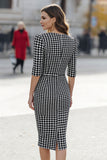 Black and White Houndstooth Sheath Midi Work Dress with Sleeves