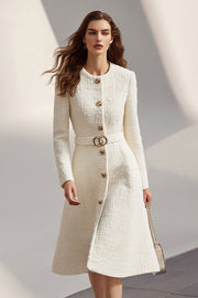 Ivory A Line Single Breasted Midi Work Dress with Belt