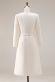 Ivory Sheath Long Sleeves Tweed Midi Work Dress with Belt