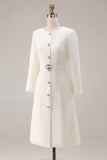 Ivory Sheath Long Sleeves Tweed Midi Work Dress with Belt