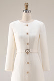 Ivory Sheath Long Sleeves Tweed Midi Work Dress with Belt