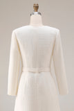 Ivory Sheath Long Sleeves Tweed Midi Work Dress with Belt