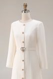 Ivory Sheath Long Sleeves Tweed Midi Work Dress with Belt