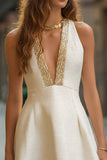 Ivory Tweed A Line V-Neck Short Cocktail Dress