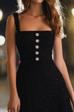 Black A Line Square Neck Tweed Buttons Short Cocktail Dress
