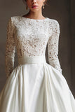 Ivory Boat Neck Long Sleeves A Line Floor-Length Wedding Dress with Lace