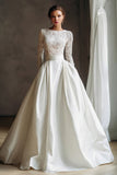 Ivory Boat Neck Long Sleeves A Line Floor-Length Wedding Dress with Lace